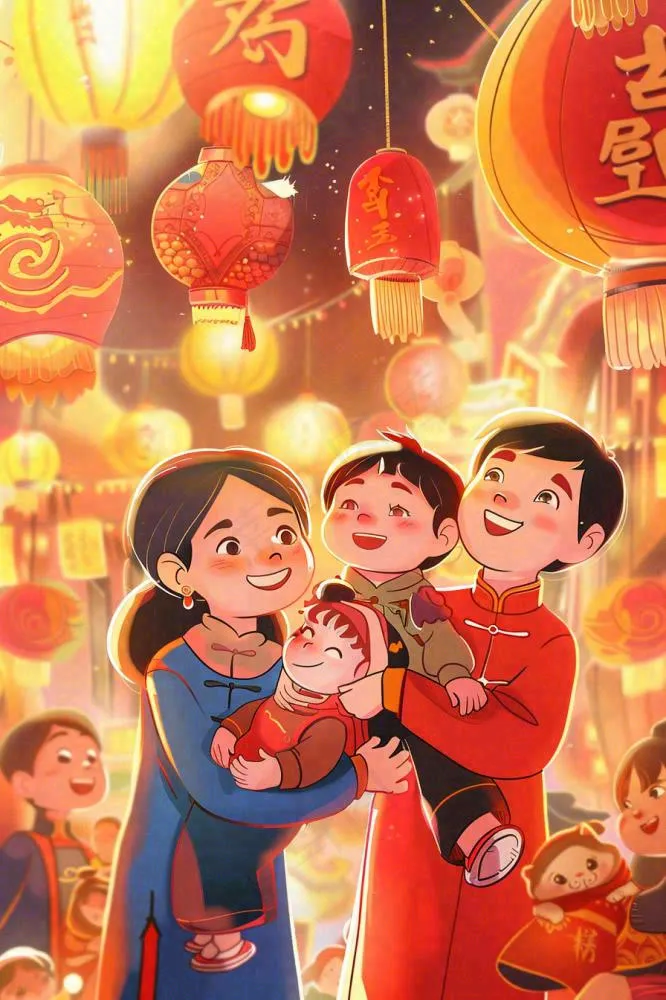 新年热闹的街道张灯结彩红色喜庆背景(896x1344)
