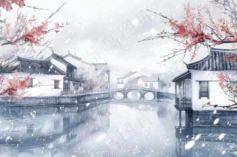 中国江南水乡小镇拱桥梅花小雪安徽冬天寒冷立冬冬至水墨画插画(1344x896)