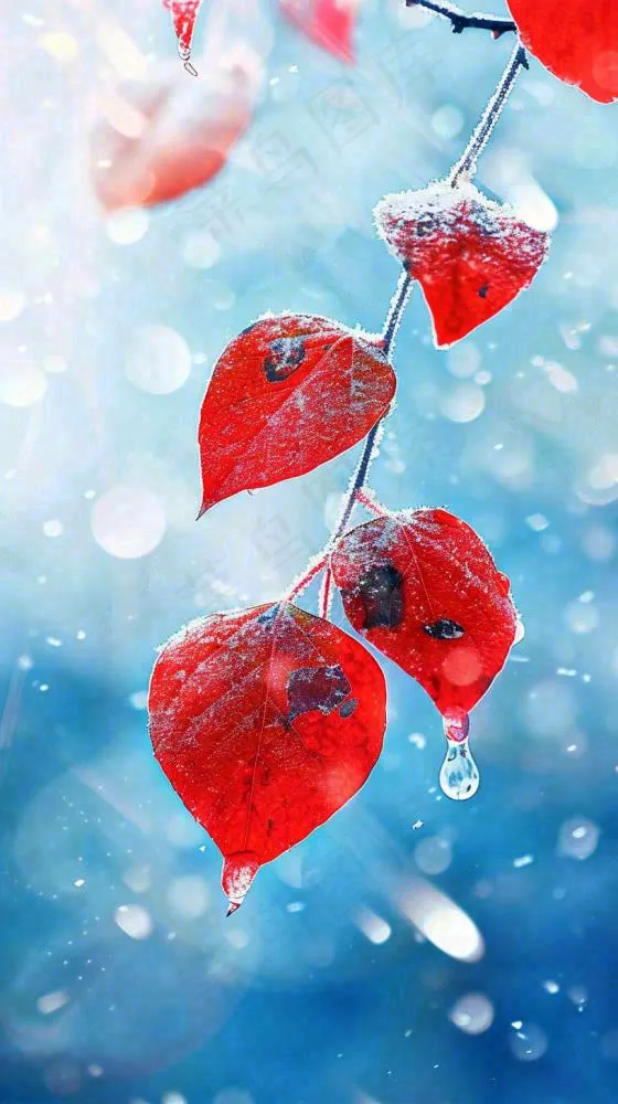 红叶上的白霜白雪秋冬霜降寒露立冬摄影图(816x1456)