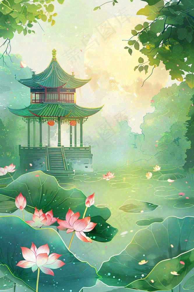 夏日江南苏式园林荷花池塘凉亭树荫阳光立夏夏至处暑插画背景