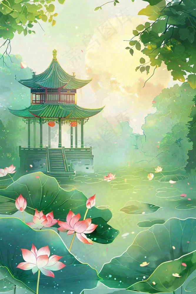 夏日江南苏式园林荷花池塘凉亭树荫阳光立夏夏至处暑插画背景(896x1344)