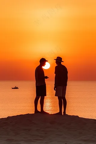 夕阳落日海洋沙滩玩耍的人晚霞美景摄影图