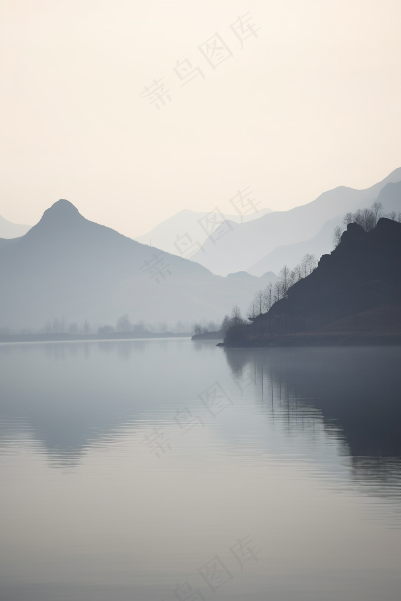 阴天山水倒影山水墨画古风背景黑白摄影图(2688x4032)