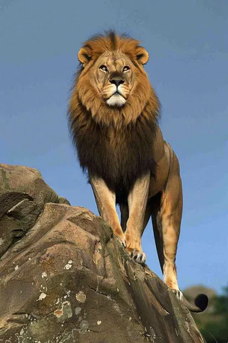 狮子站在石头上的雄狮保护动物非洲蓝天背景摄影图