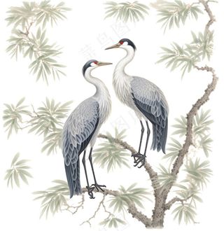一对仙鹤站在松树上古风插画免抠