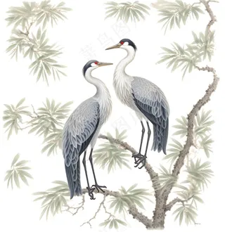 一对仙鹤站在松树上古风插画免抠
