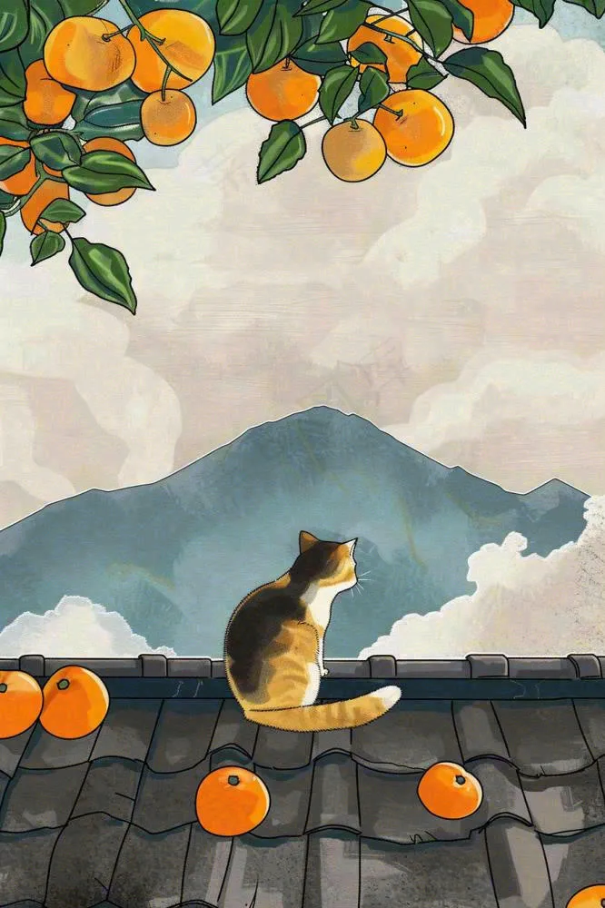 古风屋檐上的橘子树猫咪中国风插画处暑秋分白露插画背景(896x1344)