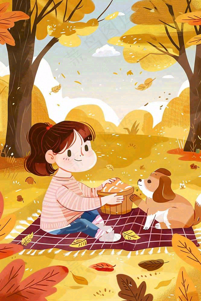 秋天野外露营野餐女孩小狗落叶黄大地立秋秋分插画背景