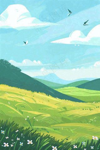 春天春暖花开草原蓝天白云燕子惊蛰春分卡通插画背景