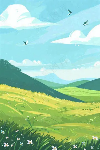 春天春暖花开草原蓝天白云燕子惊蛰春分卡通插画背景