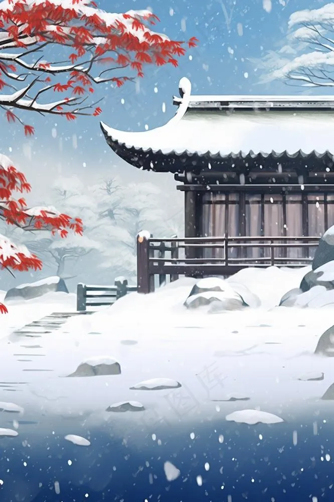 传统建筑雪景浪漫背景(896x1344)