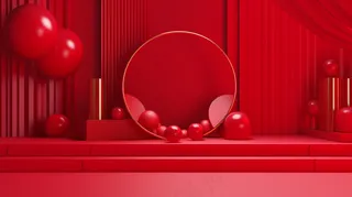 三维渲染的红色中国风电商展台喜庆新春婚庆背景