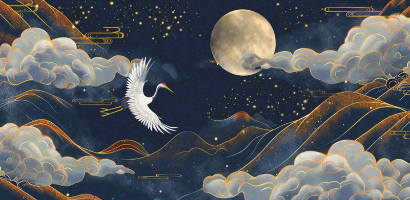 国潮山水中国风手绘祥云仙鹤插画古风唯美山水风景动物蓝金背景