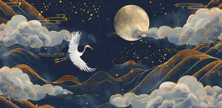 国潮山水中国风手绘祥云仙鹤插画古风唯美山水风景动物蓝金背景