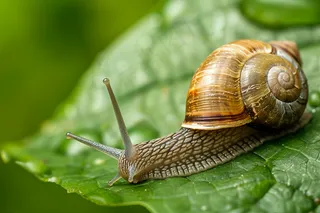春天绿叶上的蜗牛雨水露珠摄影图
