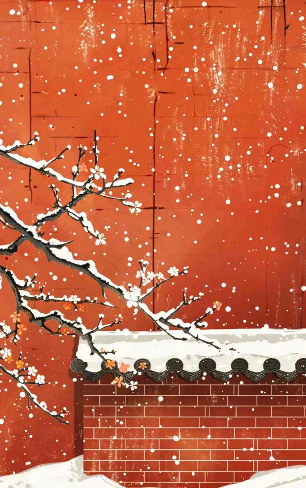 红色宫墙高处梅花枝条小雪大雪冬至古风中国风插画背景(864x1376)