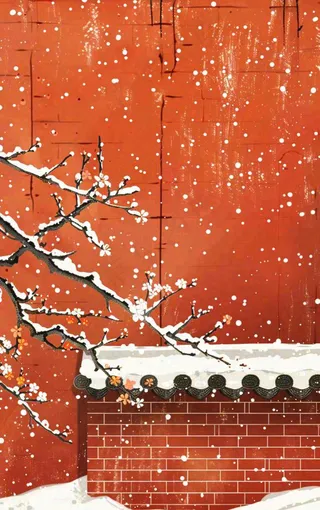 红色宫墙高处梅花枝条小雪大雪冬至古风中国风插画背景