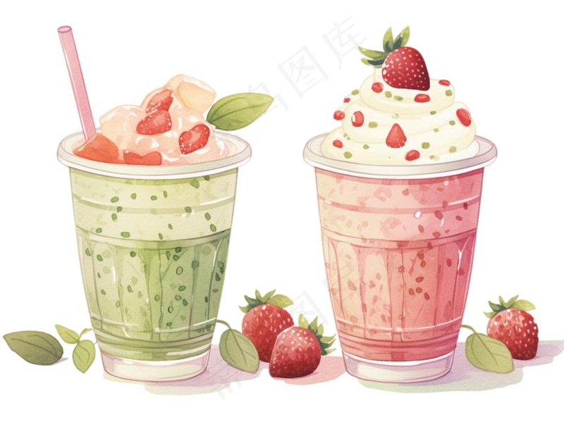 抹茶草莓奶茶奶油夏日清凉饮品卡通手绘插画免抠(1232x928)