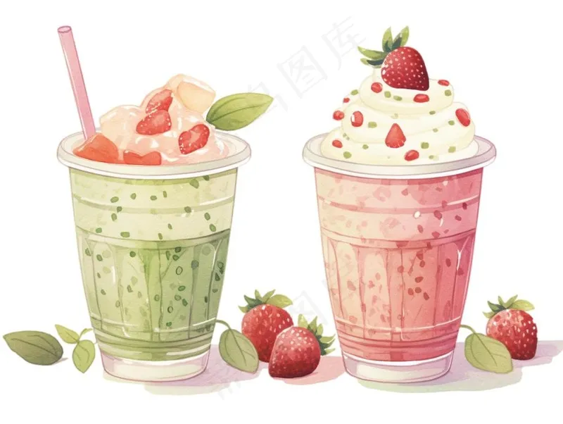 抹茶草莓奶茶奶油夏日清凉饮品卡通手绘插画免抠(1232x928)