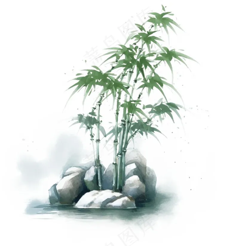 水墨竹子山石植物手绘中国风古风国画水彩插画免抠(1024x1056)