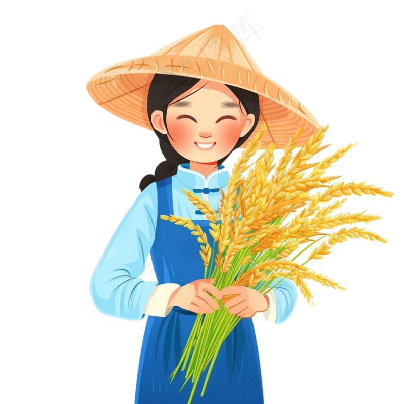 抱着稻穗麦穗的女孩农民卡通插画免抠(1024x1024)