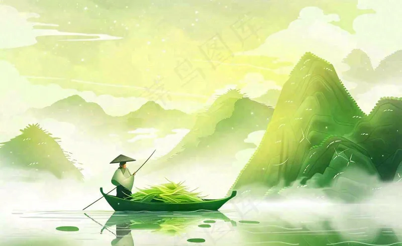 端午时节青山绿水泛舟竹叶中国风插画背景(1408x864)