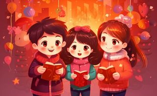 新年张灯结彩孩子们玩乐喜庆红色氛围庆祝卡通插画背景