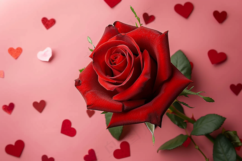 a red rose surrounded by hearts on a pink background, a picture by Valentine Hugo, pexels, romanticism, red rose, rose background, photo of a rose 
