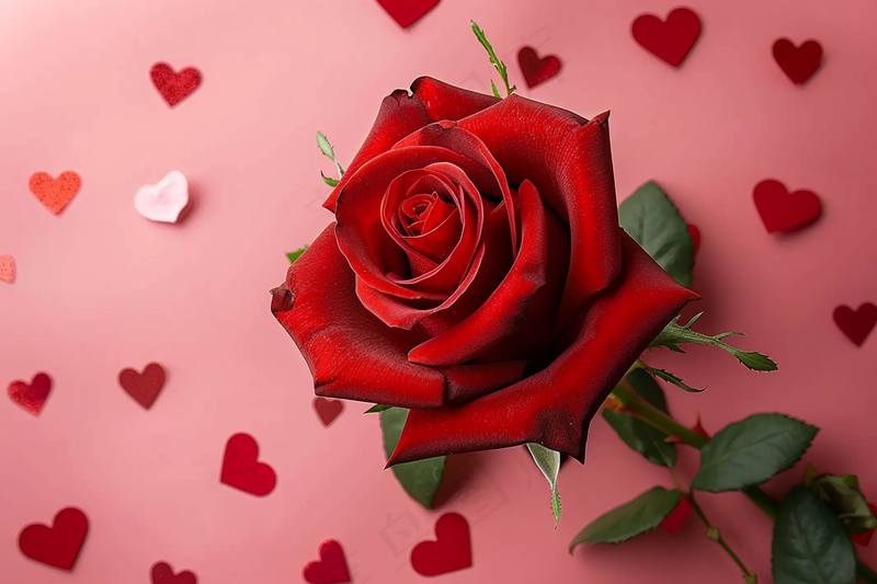 a red rose surrounded by hearts on a pink background, a picture by Valentine Hugo, pexels, romanticism, red rose, rose background, photo of a rose (4032x2688)