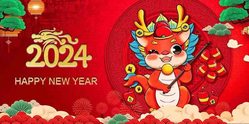 2024春节红色背景卡通龙素材展板设计psd模版下载