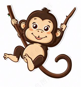 挂树枝的猴子猕猴动物卡通插画免抠