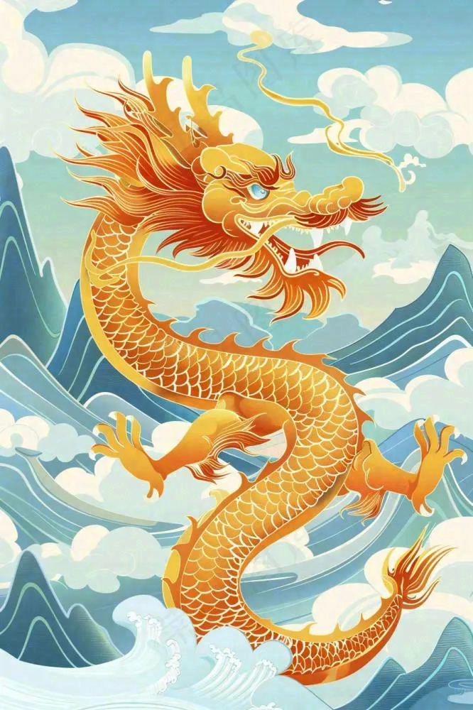 国潮风龙山水祥云龙抬头插画背景(896x1344)