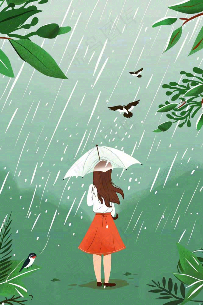 春天梅雨季红色女孩打雨伞户外绿色植物雨水谷雨卡通插画背景(896x1344)