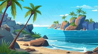 夏日海滩椰子树海浪卡通插画背景