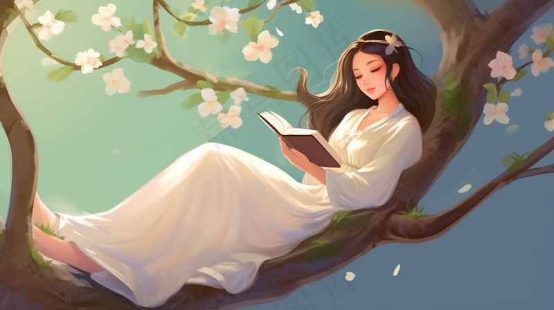 春天梨花树上读书的少女卡通插画背景(4368x2448)
