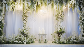 白色鲜花婚礼布置现场背景板摄影图