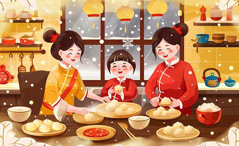 全家*色卡通手绘春节除夕初一全家人包饺子包子年夜饭冬至温馨插画背景(1408x864)