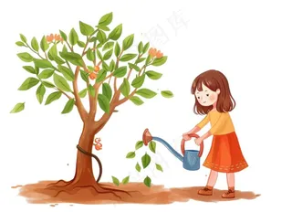 植树节学生们植树浇水爱护环境卡通插画免抠