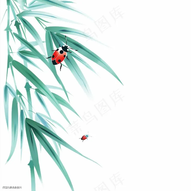 竹叶上的昆虫翠绿水墨中国风插画免抠(1024x1024)