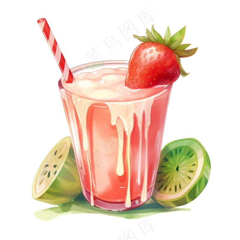 草莓奇异果奶茶冰淇淋奶茶美味夏日卡通插画免抠(1024x1024)