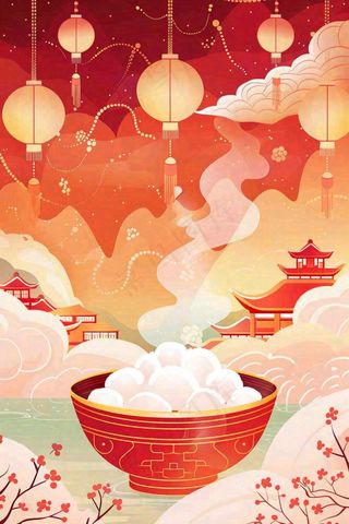 元宵汤圆节日灯笼红色喜庆插画背景