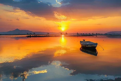 落日海洋沙滩夕阳晚霞摄影图 