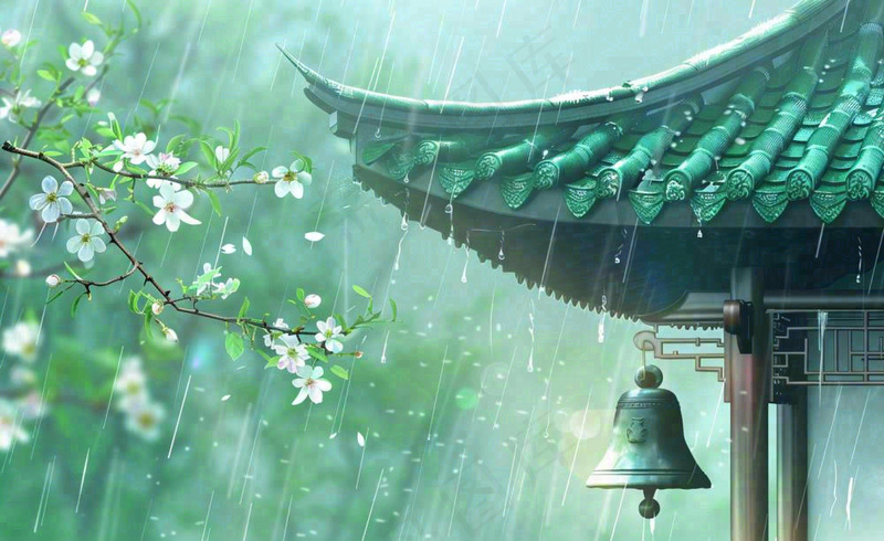 古风手绘雨插画下雨天的屋檐谷雨雨水插画背景(1408x864)