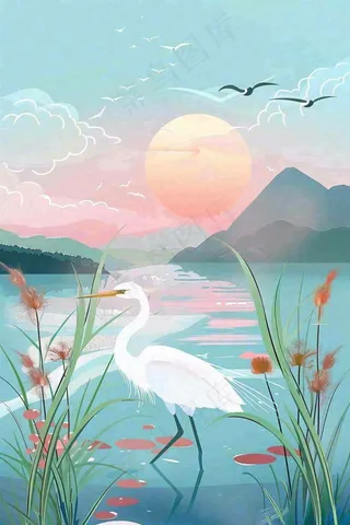 秋日芦苇荡的白鹭湖泊山水日落白露寒露插画背景