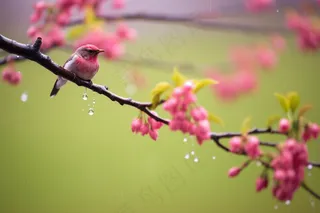 春天谷雨树枝上的小鸟粉色花朵枝条摄影图