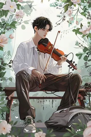 花丛绿叶下的吉他小提琴少年插画背景