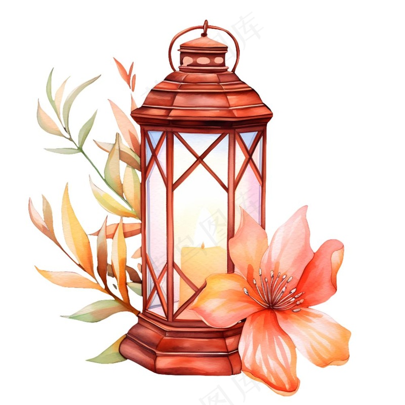 手柄老式灯笼复古照明植物花朵水彩插画免抠(1900x1900)