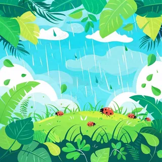 惊蛰雨水谷雨春天卡通手绘插画瓢虫昆虫绿色花草卡通插画背景