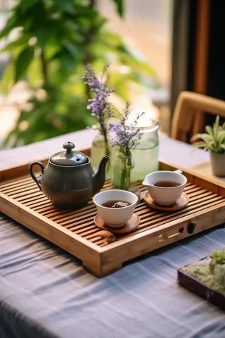 下午茶喝茶赏花摄影图