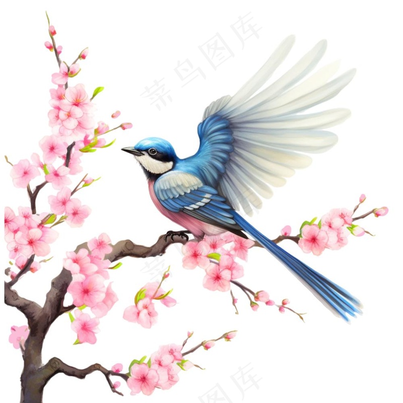 春桃花樱花树枝蓝鸟水彩画卡通插画免抠